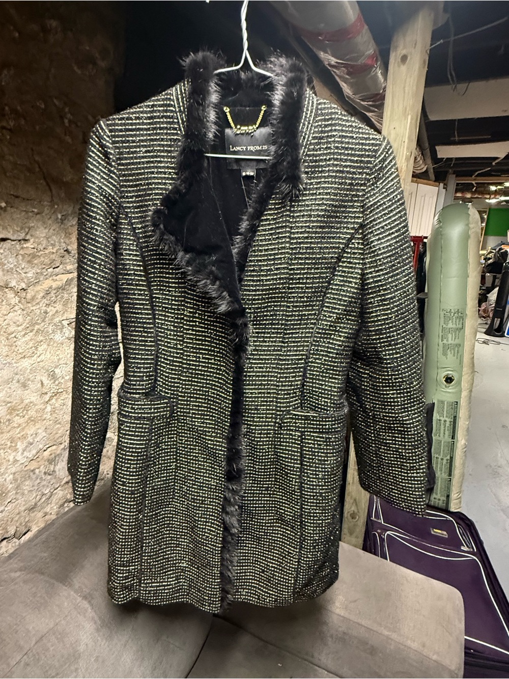 Lucy Paris Black Tweed Blazer Jacket with Faux Fur Trim